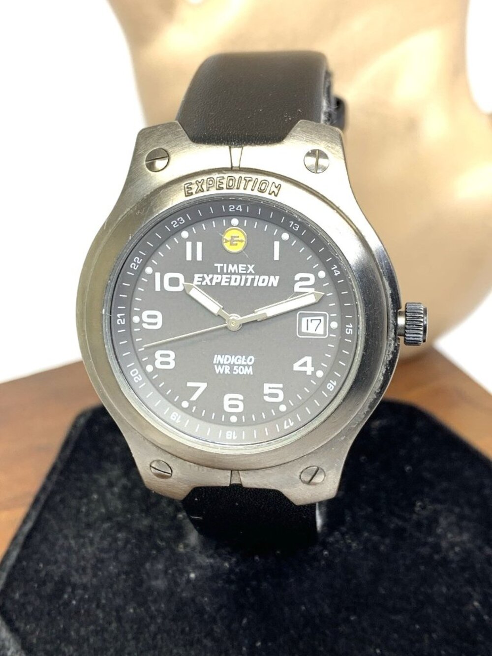 Timex Men's Watch Expedition Quartz Indiglo Gunmetal Black Leather Strap 38mm